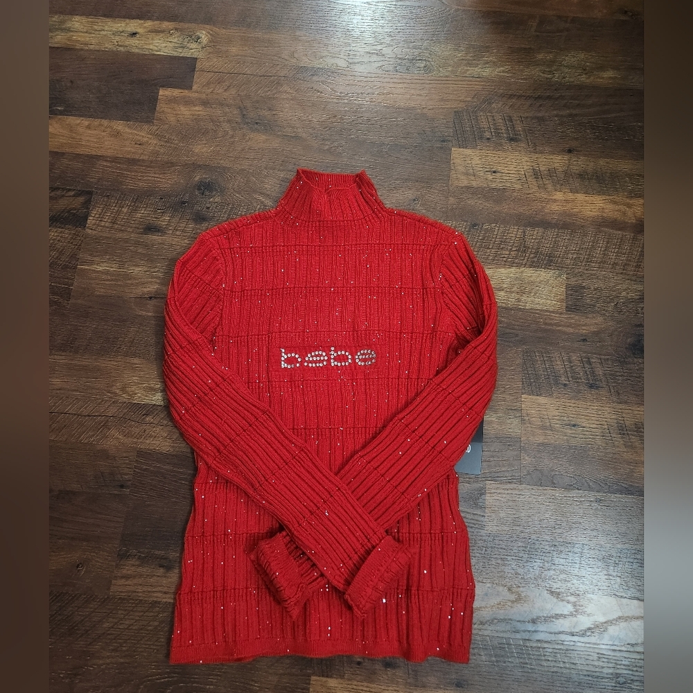Bebe Red With Sequins Turtleneck Sweater Size XL